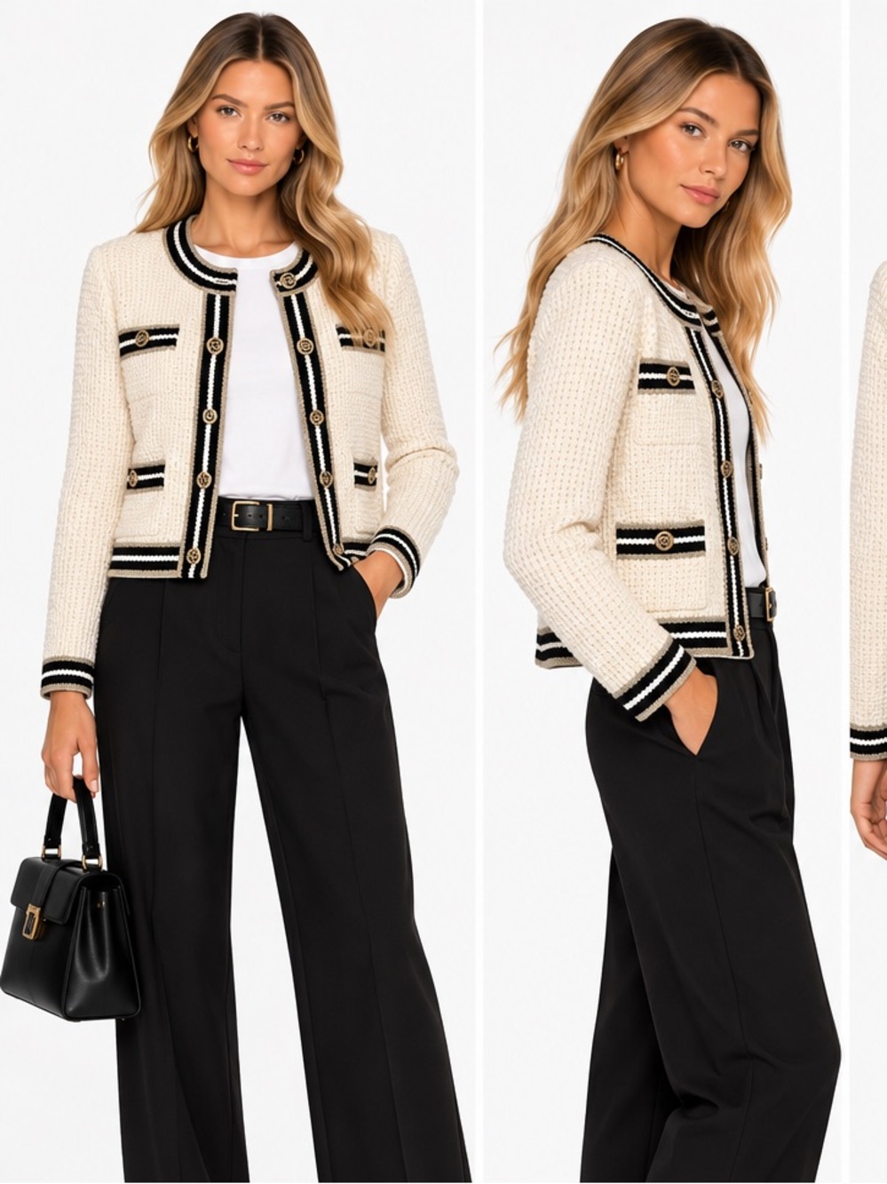 Maje Cream Bouclé Tweed Knit Cardigan Jacket Black Gold Trim Size large 3